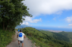 Colline verdi con Genova e il mare sullo sfondo